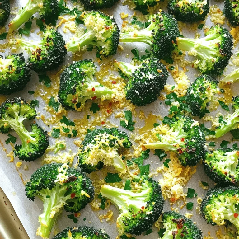 To make Garlic Lemon Roasted Broccoli, gather these simple ingredients: - Broccoli florets - Garlic - Olive oil - Lemon (zest and juice) - Red pepper flakes (optional) - Salt and pepper - Parmesan cheese (optional) - Fresh parsley Each ingredient plays a key role. The broccoli gives a nice crunch. Garlic adds a punch of flavor. Olive oil helps everything roast beautifully. Lemon brightens the taste and balances the richness. Red pepper flakes can add a little heat if you like. Salt and pepper enhance all the flavors. Parmesan cheese can make it richer, while parsley adds freshness and color. Using fresh ingredients makes a big difference. Choose bright green broccoli with tight florets. Fresh garlic should be firm and fragrant. A ripe lemon will provide more juice and zest. If you want to see the full recipe, check out the Garlic Lemon Roasted Broccoli recipe. Enjoy cooking this vibrant dish! First, preheat your oven to 425°F (220°C). Preheating is crucial for roasting. It helps the broccoli cook evenly and develop that nice crispy edge. Next, grab a big mixing bowl. Add the broccoli florets, minced garlic, olive oil, lemon zest, and lemon juice. If you like a little heat, toss in red pepper flakes. Don’t forget to season with salt and black pepper. Use your hands or a big spoon to mix everything well. You want each piece of broccoli coated in that tasty mixture. Now, transfer the broccoli mix onto a large baking sheet. Make sure to spread it out in a single layer. This step is key for roasting. It ensures that every piece gets that lovely caramelization. Place the baking sheet in your hot oven. Roast the broccoli for about 20-25 minutes. Halfway through, give it a stir to help it cook evenly. Look for the broccoli to become tender with golden tips. That’s when you know it’s done! If you want to add Parmesan cheese, sprinkle it over the broccoli in the last 5 minutes of baking. The cheese will melt slightly, giving the dish a rich, savory flavor. Once the broccoli is roasted to perfection, carefully take it out of the oven. Let it cool for a minute. Then, transfer it to a serving dish. Top it with chopped fresh parsley for a bright touch. This makes your dish not only tasty but also visually appealing. For a special touch, add a sprinkle of lemon zest before serving. For the full recipe, refer back to the ingredients section. When choosing broccoli, look for bright green florets. Fresh broccoli should feel firm and have no yellow spots. The stalks should be thick and sturdy, not bendy. Size matters too. A medium-sized head of broccoli is best for even cooking. Large heads may take longer to roast, while small ones can burn easily. You can change the flavor in many ways. Try adding herbs like thyme or rosemary for a fresh twist. You can also use lemon pepper seasoning for a citrusy kick. If you want more heat, add more red pepper flakes or try chili powder. Just remember, spice levels should match your taste. Start small and add more as needed. Want to boost the health benefits? Add nuts like almonds or walnuts for crunch. You can also toss in some cherry tomatoes or bell peppers for extra color and vitamins. Garlic and lemon are not just tasty; they also offer health perks. Garlic can help boost your immune system, while lemon adds vitamin C and aids digestion. Enjoy the taste and the health benefits with this Garlic Lemon Roasted Broccoli dish! For the full recipe, check out the details above. {{image_4}} You can mix in other veggies for fun. Carrots and bell peppers work great. They add color and taste. Cut them into sizes similar to broccoli. This way, they cook evenly. Toss them in the same mix of oil, garlic, and lemon. Bake them together for a tasty blend. Keep an eye on the cooking time. Some veggies may need less time than broccoli. Stir them halfway for even roasting. If you want to keep it vegan, skip the cheese. Nutritional yeast is a great substitute. It gives a cheesy taste without dairy. You can also add nuts for crunch. Almonds or walnuts work well. They add texture and more flavor to the dish. Try adding more spices, like smoked paprika, for a kick. You can steam the broccoli instead of roasting. Steaming keeps it bright green and crunchy. It takes about 5 to 7 minutes. If you love crispy edges, roasting is best. You can also use an air fryer. Set it to 375°F (190°C) and cook for 10-15 minutes. Shake the basket halfway through for perfect crispiness. Each method gives a unique taste and texture, so feel free to experiment! To keep your garlic lemon roasted broccoli fresh, store it in the fridge. Place the cooled broccoli in an airtight container. This helps to lock in flavor and keep it crisp. You can store it for up to three days. If you want to freeze it, spread the broccoli on a baking sheet. Flash freeze for about an hour, then transfer to a freezer bag. This way, it will not clump together. Frozen broccoli can last for up to three months. To regain the crispy texture of your roasted broccoli, use the oven. Preheat the oven to 375°F (190°C). Spread the broccoli on a baking sheet. Heat for about 10-15 minutes. This will help it become warm and crispy again. You can also use a skillet on medium heat. Stir it gently for about 5-7 minutes until heated through. In the fridge, your garlic lemon roasted broccoli stays fresh for three days. Check for any signs of spoilage. If it smells off or has a slimy texture, it's time to toss it. Always trust your senses for food safety. Roasting broccoli usually takes about 20 to 25 minutes. Preheat your oven to 425°F (220°C). Spread the broccoli on a baking sheet in a single layer. Stir halfway through for even cooking. Look for a tender texture and a nice golden color. Yes, you can use frozen broccoli. It saves time and is often pre-washed. However, frozen broccoli may not get as crispy as fresh. Thaw it first and pat it dry to avoid excess water. This helps keep it from getting mushy while roasting. Garlic lemon roasted broccoli pairs well with many dishes. Consider serving it with grilled chicken, fish, or tofu. It also complements pasta or quinoa meals. You can even add it to a salad for extra crunch. Yes, this dish is quite healthy. Broccoli is packed with vitamins and minerals. It is low in calories and high in fiber. Garlic adds immune-boosting benefits, while lemon provides vitamin C. Olive oil offers healthy fats. This dish is a great addition to any meal. To add heat, include red pepper flakes in the mix. Start with one teaspoon and adjust to taste. You can also use diced jalapeños or a splash of hot sauce. These will give your broccoli a nice kick without overpowering the flavors. Yes, you can prep broccoli ahead of time. Chop it and mix with the other ingredients. Store it in the fridge for up to 24 hours. When ready, just roast it. This saves time on busy days and keeps the flavors fresh. For the full recipe, click here. This blog post covered how to make garlic lemon roasted broccoli. We discussed the ingredients, step-by-step instructions, and helpful tips. You learned how to select fresh broccoli and customize flavors. We also shared variations for vegan options and different cooking methods. In summary, roasting broccoli brings out its natural flavors and adds nutrients. Enjoy this easy, tasty recipe with your meals!