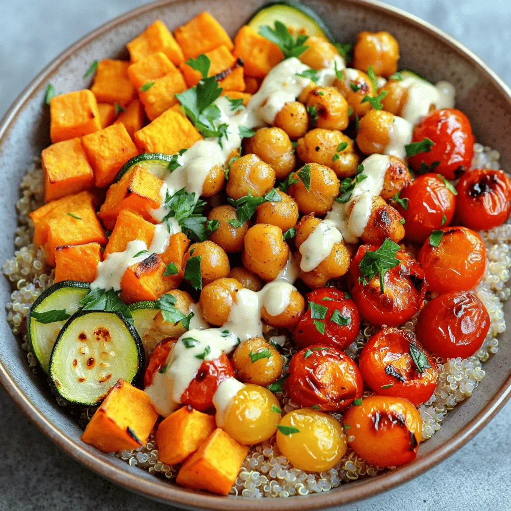 For this vibrant dish, you will need: - 1 medium sweet potato, peeled and diced into bite-sized cubes - 1 cup cherry tomatoes, halved - 1 medium zucchini, sliced into half-moons - 1 large red bell pepper, diced into chunks - 1 cup canned chickpeas, drained and rinsed thoroughly - 2 tablespoons extra virgin olive oil - 1 teaspoon smoked paprika - 1 teaspoon garlic powder - Salt and freshly ground black pepper to taste - 2 cups cooked quinoa, cooled - 1/4 cup tahini - 2 tablespoons freshly squeezed lemon juice - Fresh parsley, finely chopped (for garnish) These ingredients create a colorful and tasty bowl. The sweet potato adds a natural sweetness, while the tomatoes and bell pepper bring freshness. Chickpeas provide protein, making this bowl filling. You can personalize your Buddha bowl with some add-ins. Consider using: - Avocado slices for creaminess - Spinach or kale for extra greens - Nuts or seeds for crunch - Feta cheese for a salty bite Feel free to mix and match these options. They will boost flavor and nutrition. This Buddha bowl is not only tasty but also healthy. Here are some of its benefits: - Sweet potatoes are high in fiber and vitamins. - Chickpeas offer protein and help keep you full. - Quinoa is a complete protein, making it great for energy. - Olive oil is rich in healthy fats. Eating this bowl gives you a balanced meal. You get fiber, protein, and healthy fats all in one dish. Enjoying nutritious food can help you feel good and energized. For the full recipe, check the earlier section! First, gather all the veggies listed in the full recipe. Take a medium sweet potato and peel it. Cut it into small cubes. Then, halve the cherry tomatoes and slice the zucchini into half-moons. Next, chop the red bell pepper into chunks. Lastly, drain and rinse the canned chickpeas. Place all these veggies into a large mixing bowl. Now, let’s roast those veggies! Preheat your oven to 425°F (220°C). While it heats, drizzle two tablespoons of extra virgin olive oil over your vegetable mix. Add one teaspoon of smoked paprika, one teaspoon of garlic powder, and a good pinch of salt and pepper. Use your hands to toss everything until it is well mixed. Spread the veggies in a single layer on a lined baking sheet. Roast them in the oven for 25-30 minutes. Remember to toss them halfway through to ensure they cook evenly and get that nice caramelization. After roasting, it's time to put your bowl together! Start with a base of two cups of cooked quinoa in each serving bowl. Next, pile on those beautiful roasted veggies. The colors should pop and look inviting. Finally, drizzle the creamy tahini dressing over the top and sprinkle freshly chopped parsley for a fresh touch. Enjoy your tasty and healthy meal! To get great roasted veggies, start with fresh, high-quality ingredients. Cut them into even pieces. This helps them cook at the same rate. Use a good olive oil to coat the veggies. Oil helps them brown and crisp up. Season with salt and pepper for flavor. Toss the vegetables halfway through roasting. This ensures even cooking and great texture. Roast at 425°F (220°C) to get that perfect caramelization. For a creamy tahini dressing, mix tahini and lemon juice in a bowl. If it’s too thick, add a little water. This helps you reach the right consistency. Adjust the taste with salt. You can also add garlic for extra flavor. Whisk until smooth and creamy. Keep it simple. This dressing pairs perfectly with your roasted veggies. When serving your Buddha bowl, start with a base of quinoa. This adds a nice texture. Layer the roasted veggies on top for a colorful display. Drizzle your tahini dressing over the top. Finish with chopped parsley for a fresh look. To make it fun, serve on a rustic board. Add a lemon wedge on the side. This gives your meal a bright pop of flavor. Try these tips for a beautiful and tasty Buddha bowl. For the full recipe, check out the instructions above. {{image_4}} You can add many types of protein to your Buddha bowl. Chickpeas are great, but you can also use: - Grilled chicken for a hearty boost. - Tofu, either baked or pan-fried for a plant-based choice. - Boiled eggs add creaminess and extra protein. - Black beans for a tasty twist and added fiber. Choose what you like best and mix it into your bowl. Quinoa is my go-to grain, but there are many other tasty options: - Brown rice gives a nutty flavor and texture. - Farro offers a chewy bite and is very filling. - Barley adds a unique taste and is quite healthy. - Cauliflower rice is a low-carb choice that works well too. Pick any grain for a fun twist on your Buddha bowl. A great sauce can take your bowl to the next level. Here are some ideas: - A lemon-tahini dressing adds creaminess and zest. - A simple vinaigrette can brighten up the dish. - A spicy chili sauce brings some heat and depth. - Hummus adds creaminess and pairs well with veggies. Experiment with these sauces to find your favorite mix! For the full recipe, check out the [Full Recipe]. After enjoying your Roasted Veggie Buddha Bowl, store any leftovers in an airtight container. This keeps them fresh. Place the bowl in the fridge. Eat the leftovers within three days for the best taste. To reheat, use the microwave. Heat for about one to two minutes. Stir halfway through to warm evenly. If you prefer the oven, place the bowl on a baking sheet. Heat at 350°F (175°C) for about 10-15 minutes. This keeps the veggies crisp. Meal prep makes your week easier. Cook a large batch of quinoa and veggies at once. Store them in separate containers. This way, you can mix and match throughout the week. Add your favorite sauces or dressings just before eating. This keeps flavors fresh. For a complete guide on making this dish, refer to the Full Recipe. You can use many veggies in a Buddha bowl. Some great choices are: - Sweet potatoes - Bell peppers - Zucchini - Cherry tomatoes - Broccoli - Cauliflower - Carrots - Spinach These vegetables roast well and add color and taste. You can mix and match based on what you like or what you have on hand. Roasting brings out their natural sweetness and gives them a nice texture. Yes, you can easily make this Buddha bowl vegan! The recipe already uses chickpeas, which are a great plant-based protein. Just ensure that the tahini and any dressings you choose are vegan-friendly. You can also add more veggies or grains to boost the meal. Try using quinoa, brown rice, or even farro for a hearty touch. Customizing your Buddha bowl is simple! Here are some ideas: - Gluten-free: Use gluten-free grains like quinoa or rice. - Nut-free: Skip nuts and use seeds like sunflower or pumpkin seeds instead. - Low-carb: Use cauliflower rice instead of grains. - Protein needs: Add grilled tofu, tempeh, or legumes for extra protein. These changes help you keep the meal tasty while meeting your needs. Don't be afraid to experiment and find what works best for you! For the full recipe, you can check out the Vibrant Roasted Vegetable Buddha Bowl. In this article, I covered how to create a tasty roasted veggie Buddha bowl. You learned about main ingredients, optional add-ins, and their health benefits. The step-by-step guide showed how to prep and roast veggies, assemble your bowl, and tips for serving. We also explored variations for protein and grains. Finally, I shared how to store and reheat leftovers. Embrace your creativity in making this dish. Enjoy the flavors and benefits of your fresh Buddha bowl!