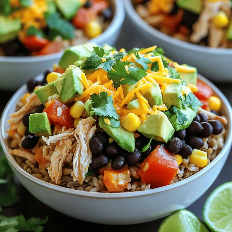 - 1 lb boneless, skinless chicken breasts - 1 cup cooked brown rice - 1 can black beans, rinsed and drained - 1 tablespoon olive oil - 1 teaspoon chili powder - 1 teaspoon cumin - 1 teaspoon garlic powder - 1 teaspoon onion powder - Salt and pepper, to taste - 1 cup corn (fresh or frozen) - 1 cup diced tomatoes - 1 ripe avocado, diced - 1 cup shredded cheddar cheese - Fresh cilantro and lime wedges for garnish When I make these chicken burrito bowls, I focus on using fresh ingredients. The chicken is the star, and I love using boneless, skinless chicken breasts. They cook quickly and are easy to shred. For the base, I choose brown rice. It adds a nice nutty flavor and makes the dish hearty. I also throw in black beans. They are full of protein and fiber. Rinsing them removes extra salt, making the dish healthier. To bring all the flavors together, I use a mix of spices. Olive oil helps the spices stick to the chicken. I love the warmth from chili powder and cumin. Garlic and onion powder add depth, while salt and pepper round out the taste. Now, let’s talk toppings! Corn adds a sweet crunch that I really enjoy. I often use fresh tomatoes, but canned works too. Avocado adds creaminess, which balances the dish. Shredded cheddar cheese melts slightly over everything, adding richness. Finally, I finish my bowls with fresh cilantro and lime wedges. The lime juice brightens every bite. It’s a fun way to serve a quick, tasty meal! For the full recipe, check out Zesty Fiesta Chicken Burrito Bowls. First, take the chicken breasts and place them in a bowl. Drizzle the olive oil over the chicken. Then, sprinkle the chili powder, cumin, garlic powder, onion powder, salt, and pepper on top. Mix the chicken well. Ensure each piece gets an even coating of the spices. This step is key for flavor. Next, heat a large skillet over medium heat. When hot, add the seasoned chicken breasts. Cook them for 6-8 minutes on each side. You want the chicken to be no longer pink in the center. Once cooked, remove the chicken from the skillet. Let it rest for about 5 minutes. This helps keep it juicy. After resting, shred the chicken into bite-sized pieces using two forks. Now, grab four serving bowls. Start by adding a warm layer of cooked brown rice at the bottom of each bowl. Next, layer the shredded chicken on top. After that, distribute the black beans evenly among the bowls. Add the corn and diced tomatoes next. Finally, top each bowl with diced avocado and a sprinkle of shredded cheese. To make sure your chicken is cooked right, check its internal temperature. The safest temperature for chicken is 165°F. I recommend using a meat thermometer for accuracy. This tool helps you avoid undercooking or overcooking your chicken. A well-cooked chicken makes your burrito bowls taste great. You can customize your burrito bowls with many toppings. Try adding jalapeños for heat or salsa for flavor. You can also offer a variety of toppings for a build-your-own bowls experience. This way, everyone can mix and match to their liking. It makes the meal fun and interactive. Use colorful bowls to make your dish look appealing. Bright colors make the food pop and draw attention. Serve with lime wedges and chopped cilantro to enhance the flavors. These simple additions can elevate your meal and make it visually stunning. {{image_4}} You can change the protein in your burrito bowl to fit your taste. Swap the chicken for beef or turkey for a hearty meal. If you want a vegetarian option, use tofu instead. For seafood lovers, grilled shrimp or fish make a tasty addition too. Each protein brings its own flavor and texture, making your bowl unique. Brown rice is great, but you can try other options. If you want a low-carb meal, use cauliflower rice. It has a nice texture and absorbs flavors well. Quinoa is another alternative packed with protein. Flavored rice, like cilantro lime rice, can really enhance the dish and add a fun twist. To change up the taste, add different herbs and spices. Taco seasoning gives your bowl a classic Mexican flair. A dash of hot sauce or salsa can also bring in some heat. Don't be afraid to experiment with flavors until you find your perfect mix. Keep it fresh and exciting every time you make it! For the complete recipe, check out the Full Recipe. Store any leftover chicken burrito bowls in airtight containers for up to 3 days. Keeping the components separate helps them last longer. This way, the rice stays fluffy, and the chicken stays juicy. You can freeze cooked chicken and rice separately for up to 3 months. This method preserves the taste and texture. When ready to eat, thaw the chicken and rice in the fridge. Reheat them gently before assembling your bowl. To reheat, use the microwave for individual portions. You can also warm them on the stovetop. When reheating rice, add a splash of water. This keeps the rice moist and tasty. Enjoy your meal just as fresh as the first time! Yes, prepare ingredients separately and assemble when ready to serve. This keeps everything fresh. You can store cooked chicken, rice, beans, and toppings in separate containers. When you're ready to eat, just put it all together. It saves time and makes meal prep easy. Quinoa, cauliflower rice, or even white rice can be used. Quinoa adds protein. Cauliflower rice is low-carb and great for weight loss. White rice keeps it classic. Each option brings its own taste. Feel free to pick what you like best. Add sliced jalapeños, spicy salsa, or increase chili powder when cooking the chicken. You can also use hot sauce for an extra kick. Spice levels are personal, so adjust to your taste. A little heat can make your meal exciting and flavorful. Popular options include cheese, salsa, guacamole, and fresh veggies. You can add sour cream or hot sauce for more flavor. Fresh cilantro and lime juice make it bright and fresh. Mix and match your favorites to create a bowl you love. Thaw overnight in the refrigerator, then heat on the stovetop or microwave until warmed through. This way, the ingredients stay tasty. Add a splash of water when reheating rice to keep it moist. Enjoy your meal without losing any flavor! In this post, we discussed all the key ingredients for tasty chicken burrito bowls. I shared step-by-step cooking instructions and helpful tips. You learned how to customize flavors and toppings. Storing and reheating tips ensure your meals stay fresh. Chicken burrito bowls are easy to make and great for meal prep. Enjoy them with family or friends, or create your own delicious mix. Get cooking, and have fun making your perfect bowl!